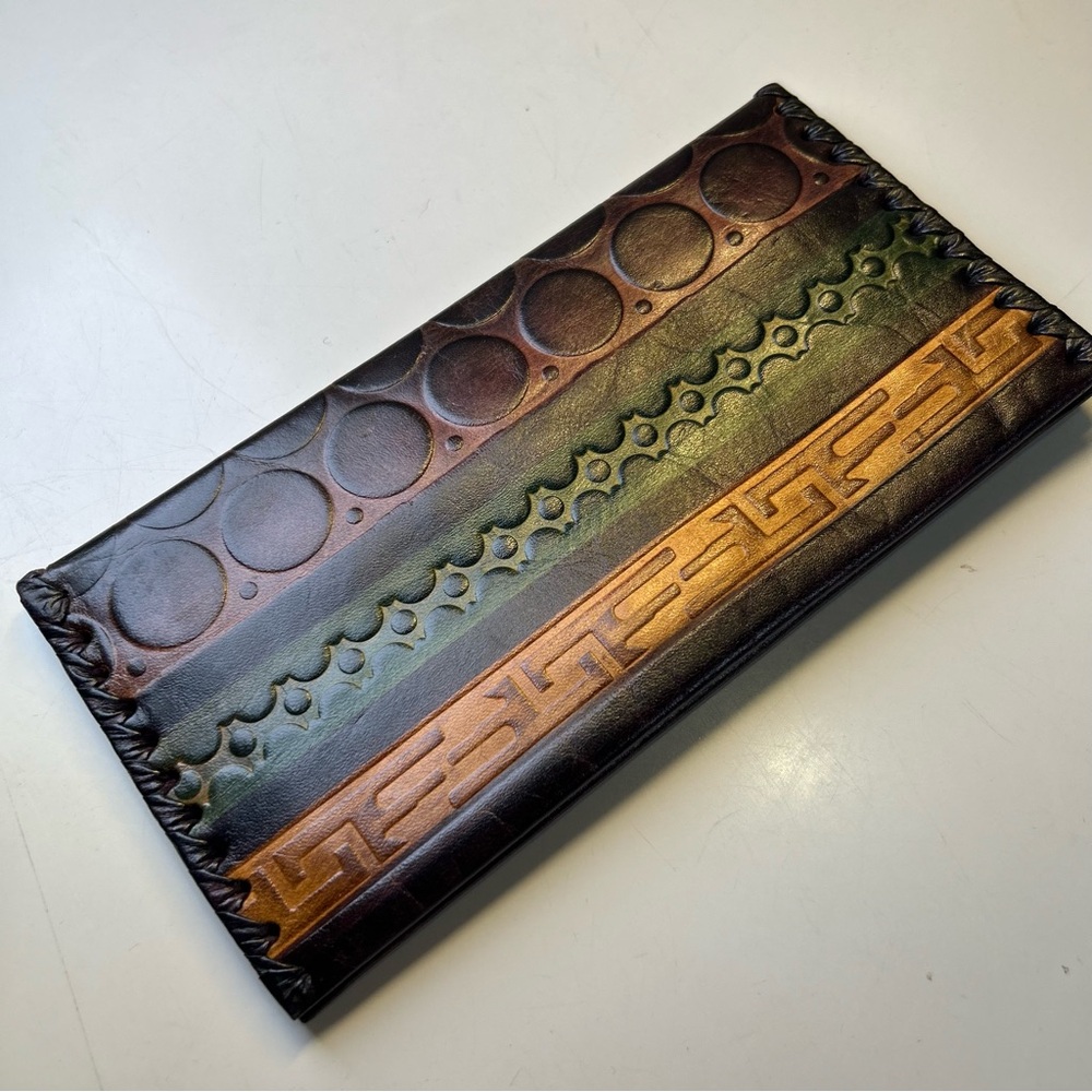 Hand Tooled Multicolour Leather Wallet, Embossed, Whipstitched. Western Boho